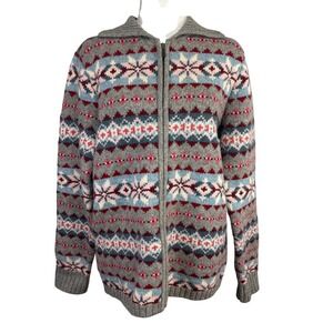 L.L. Bean Cardigan Sweater Womens L Grey Fair Isle Full Zip Wool Nordic Grandma
